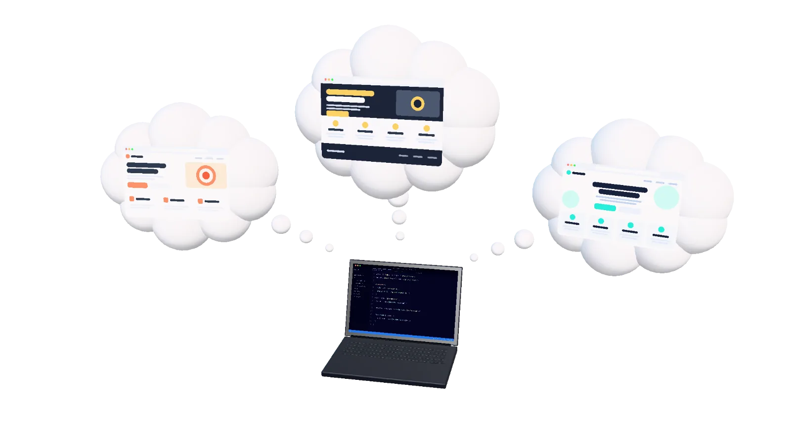 Laptop öffnet sich, auf dem Bildschirm erscheint Code, darüber steigen drei Ideen-Wolken auf